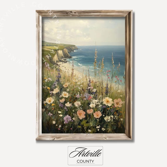 Vintage Coastal Art Summer Seascape Wall Wildflowers Print Poster Beach Decor Spring Landscape Painting