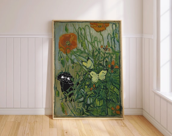 Poodle Dog Van Gogh-Inspired Poppies, Butterflies