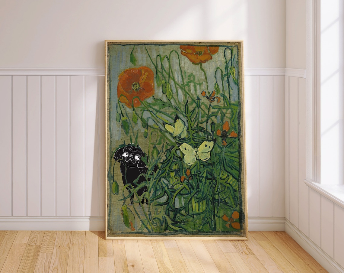 Poodle Dog Van Gogh-Inspired Poppies, Butterflies