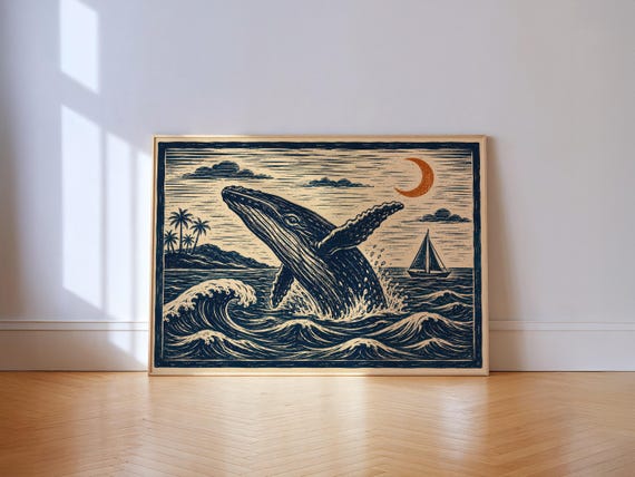 Whale Linocut Print, Vintage Coastal Block Art