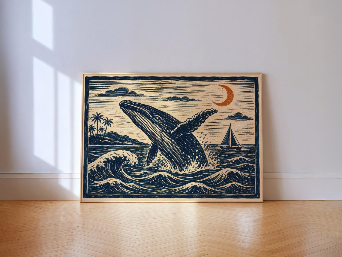 Whale Linocut Print, Vintage Coastal Block Art