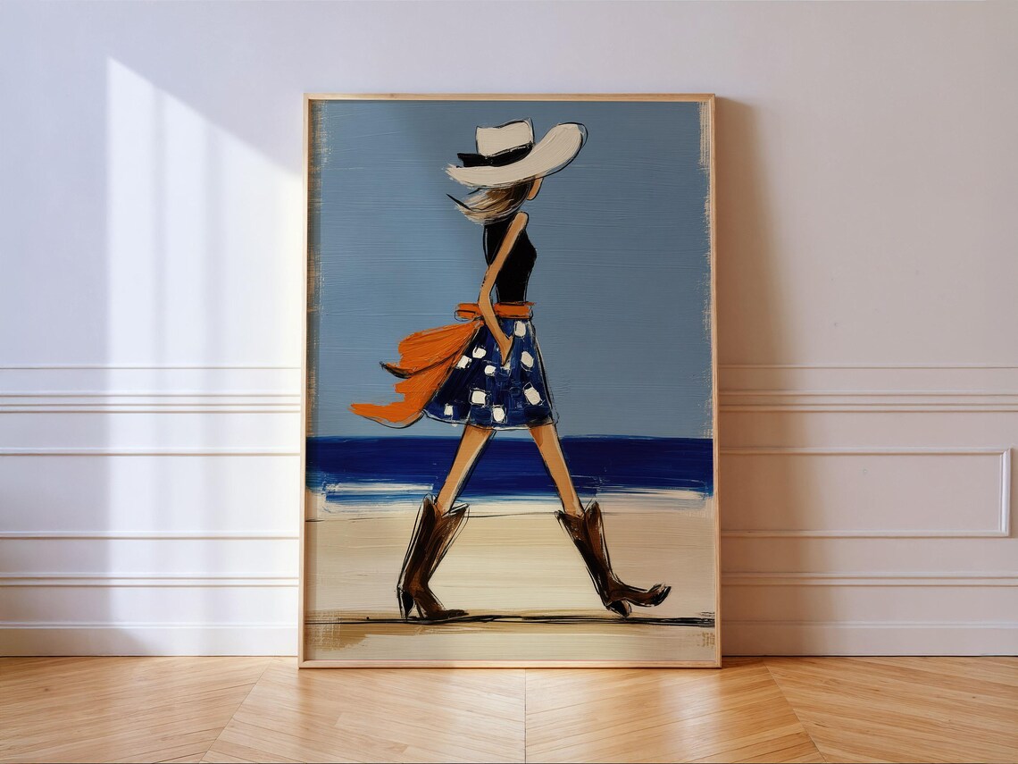 Coastal Cowgirl Walking Beach Fashion Illustration Wall Poster
