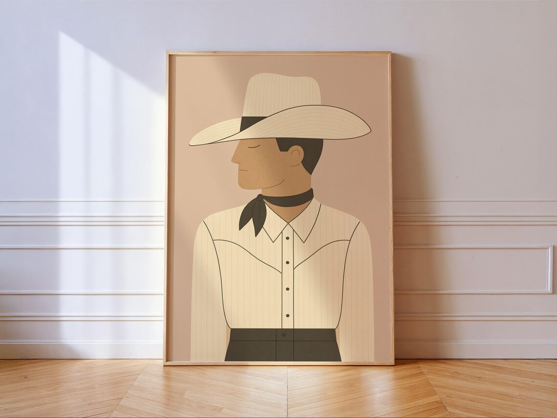 Minimalist Cowboy Portrait in Beige Neutral Western Style Wall Art