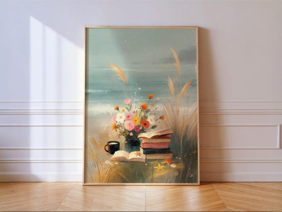 Coastal Books Still Life Print Beach Reading Flowers Wall Art Book Lover Gift