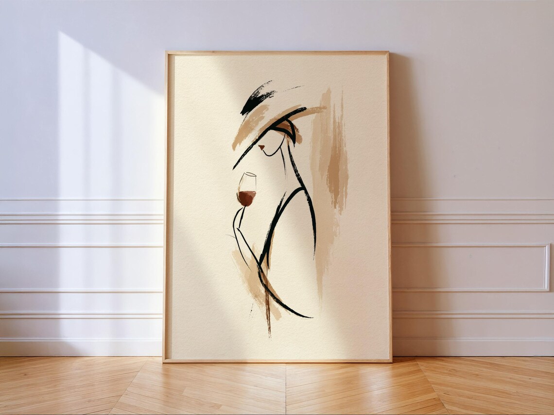 Minimalist Woman Holding Wine Glass Brush Stroke Fashion Poster
