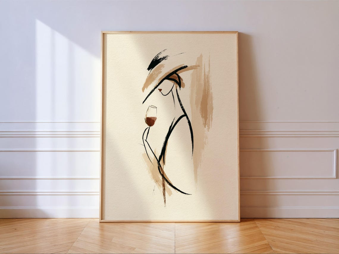 Woman Wine Glass Print Minimalist Brush Stroke Fashion Elegant Wall Art