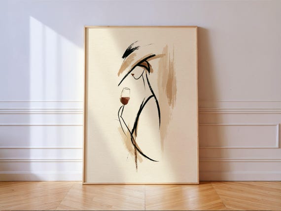 Woman Wine Glass Print Minimalist Brush Stroke Fashion Elegant Wall Art