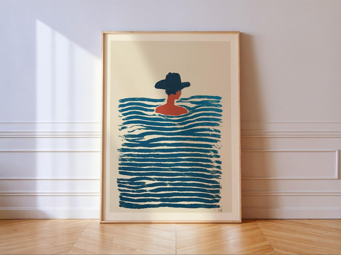 Modern Minimalist Cowgirl Hat Woman Swimming Blue Waves Art Poster