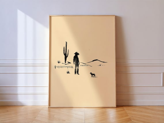 Minimal Western Cowboy Desert Silhouette Cactus Dog Neutral Art Poster