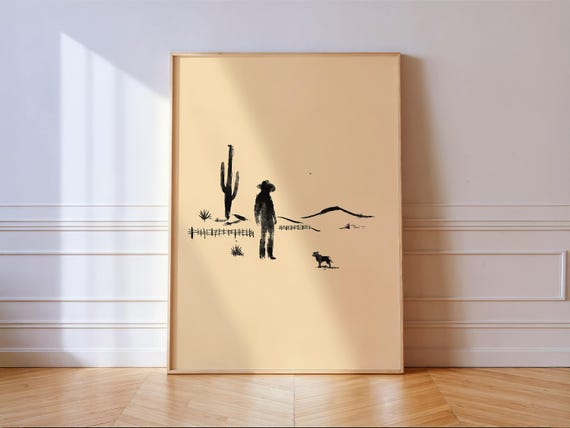 Minimal Western Desert Cowboy Print Neutral Southwest Wall Art For Ranch House Living Room