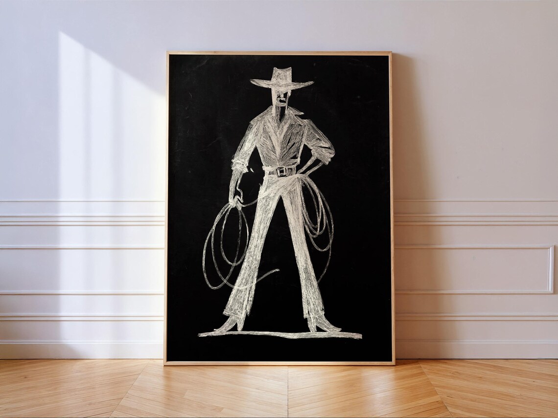 Cowboy Lasso Chalk Sketch Black White Western Minimal Art Poster