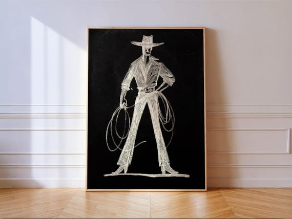 Cowboy Lasso Chalk Sketch Print Black White Western Wall Art