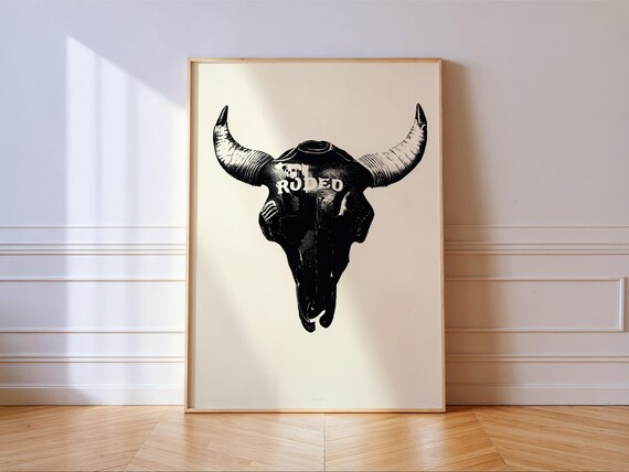 Rodeo Skull Print Modern Western Black White Wall Art