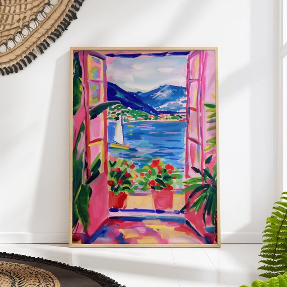 Colorful Seaside Window View Pink Mediterranean Coastal Poster