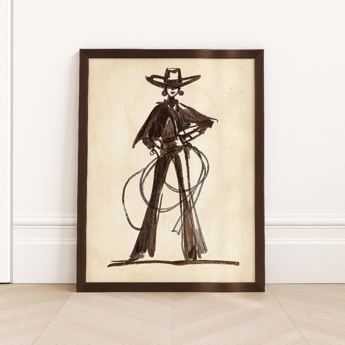 Sepia Cowgirl Lasso Ink Sketch Western Woman Vintage Rodeo Art Poster