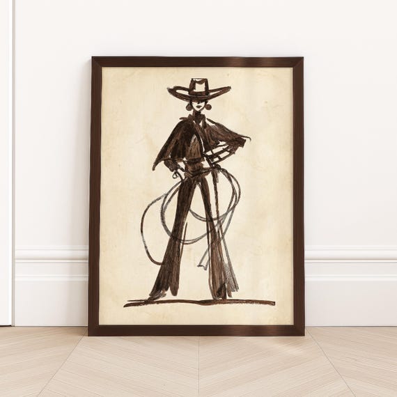 Cowgirl Lasso Print Western Woman Sketch Sepia Ink Wall Art