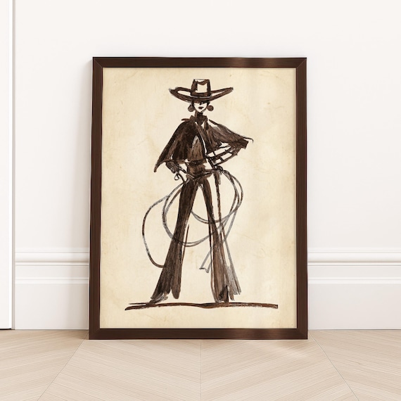 Sepia Cowgirl Lasso Ink Sketch Western Woman Vintage Rodeo Art Poster