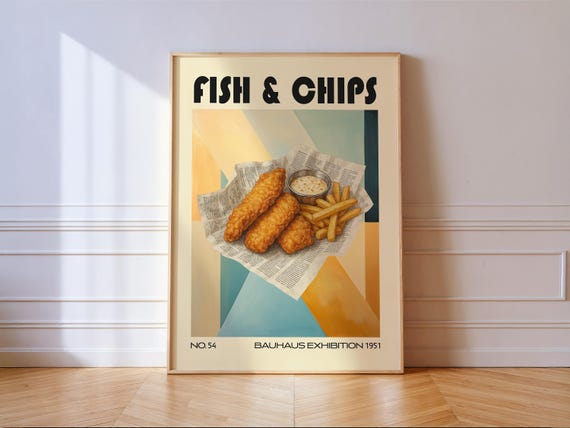 Fish And Chips Print Bauhaus Mid Century Kitchen Art