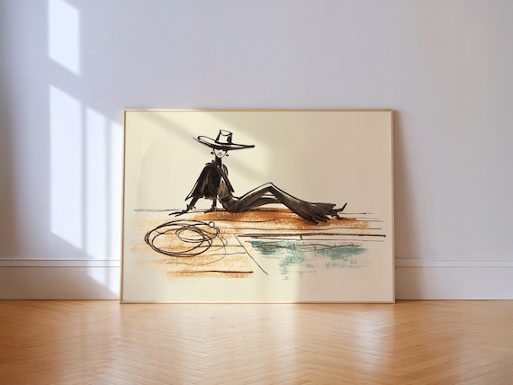 Cowgirl Lasso Ink Sketch Minimalist Western Chic Line Art Fashion Poster