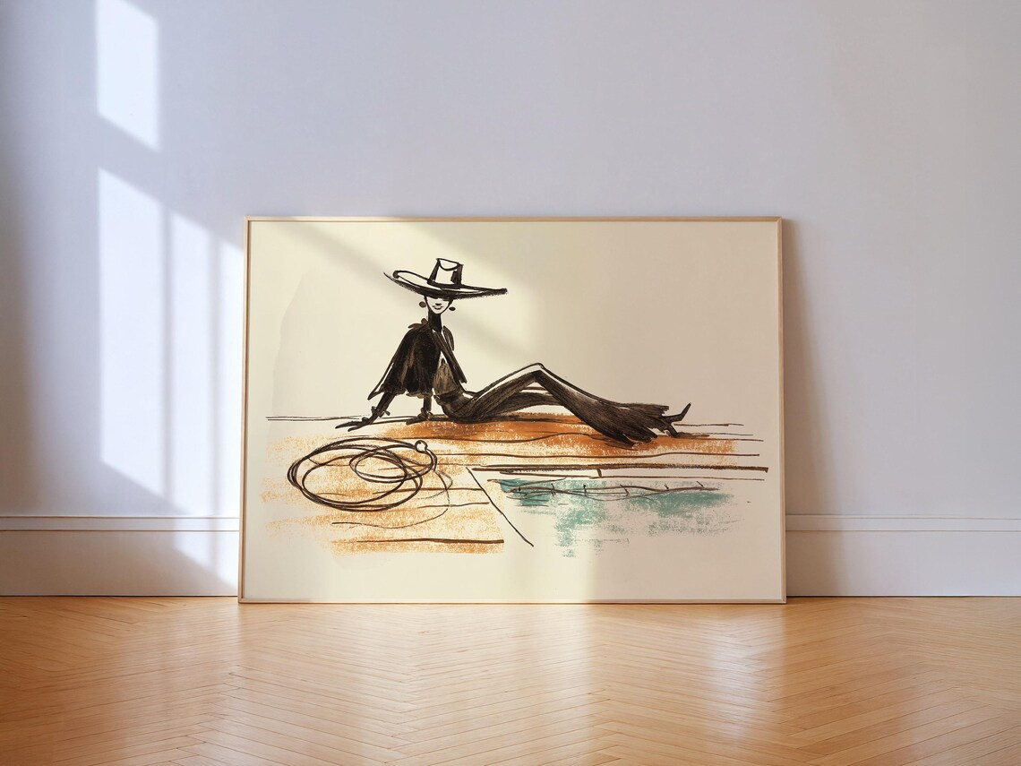 Cowgirl Lasso Ink Sketch Minimalist Western Chic Line Art Fashion Poster