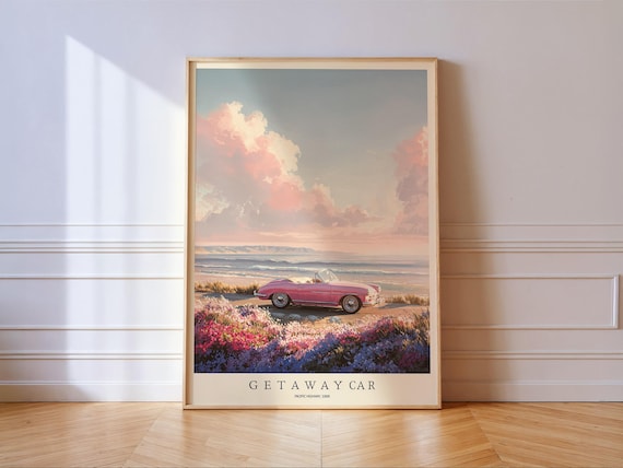 Getaway Car Pacific Highway 1968 Pink Convertible Coastal Art Poster