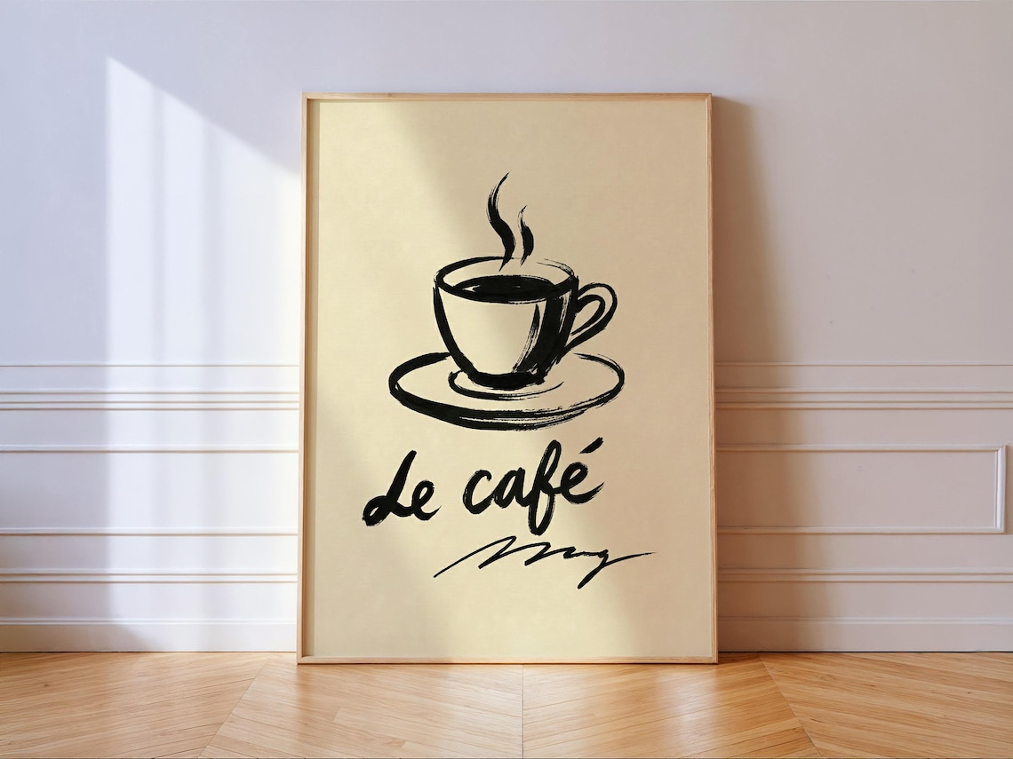 Le Cafe Coffee Cup Ink Wash Poster French Espresso Minimalist Wall Decor