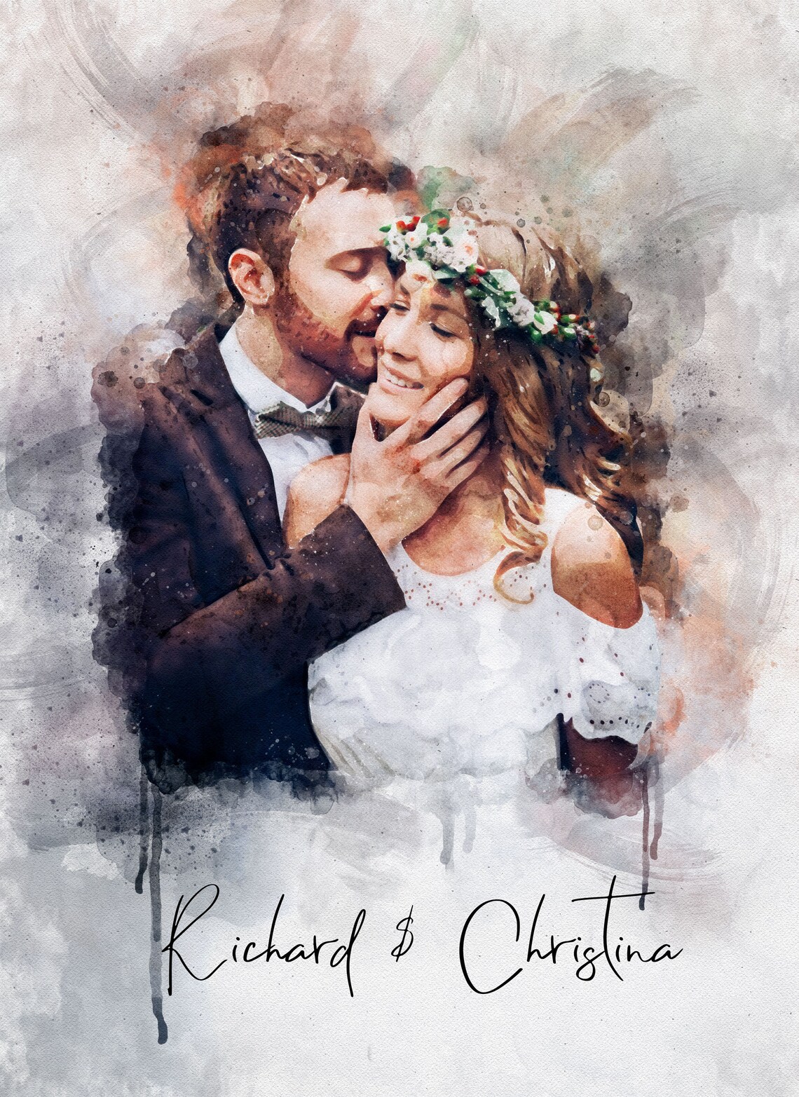 Personalized Wedding Watercolor Couple Portrait Print - Image 4