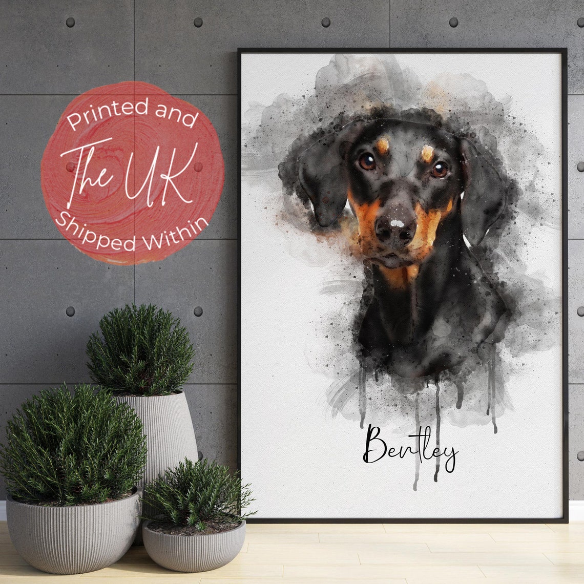 Watercolor Black Tan Doberman Portrait Custom Pet Name Poster
