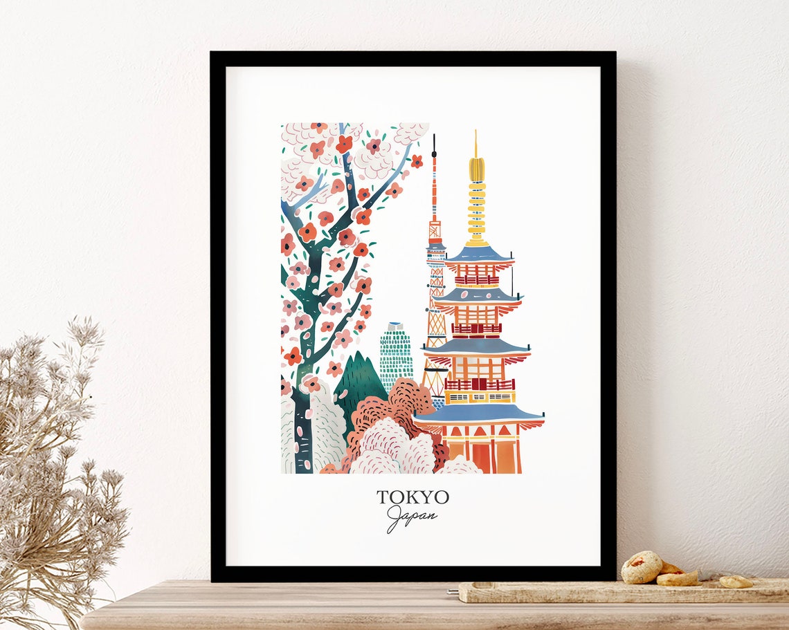 Tokyo Japan Pagoda Cherry Blossom Travel Illustration Wall Poster - Image 3