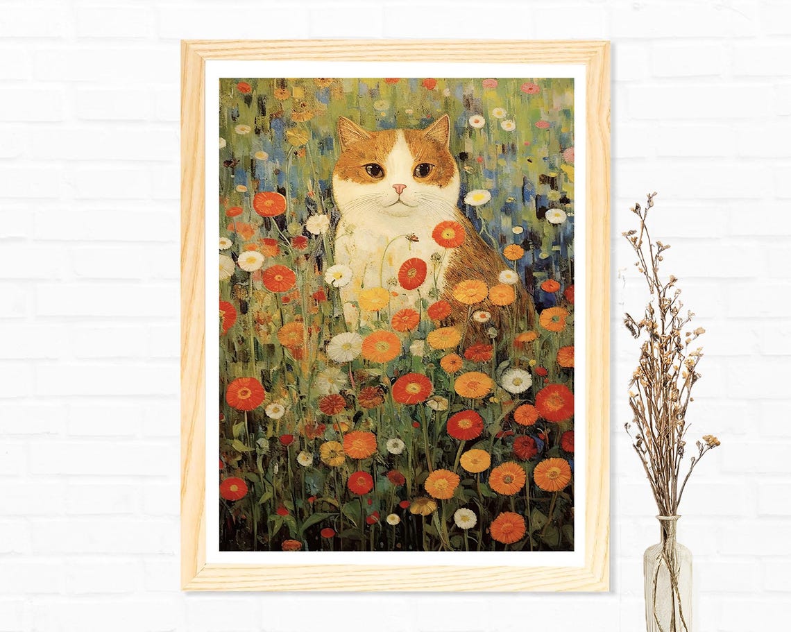 Ginger Cat in Wildflower Field Klimt Style Botanical Cat Art Poster