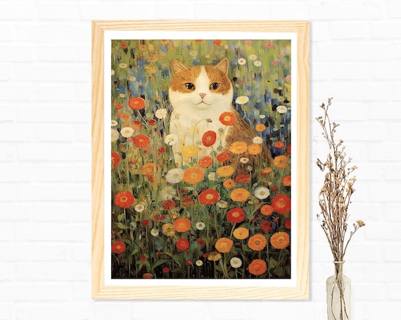 Ginger Cat in Wildflower Field Klimt Style Botanical Cat Art Poster