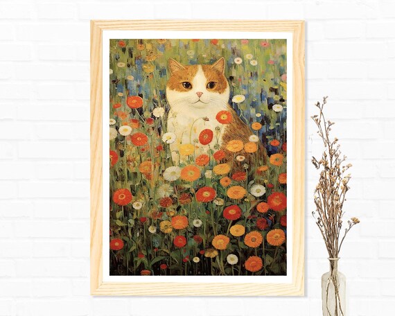 Gustav Klimt Flower Garden And A Ginger Cat Botanical Wall Art Print Poster Framed Art Gift