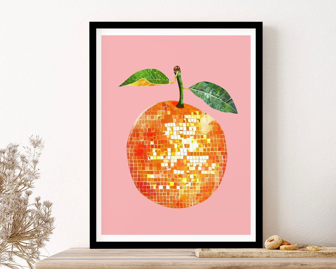 Disco Ball Orange Pink Trendy Citrus Fruit Kitchen Decor Poster