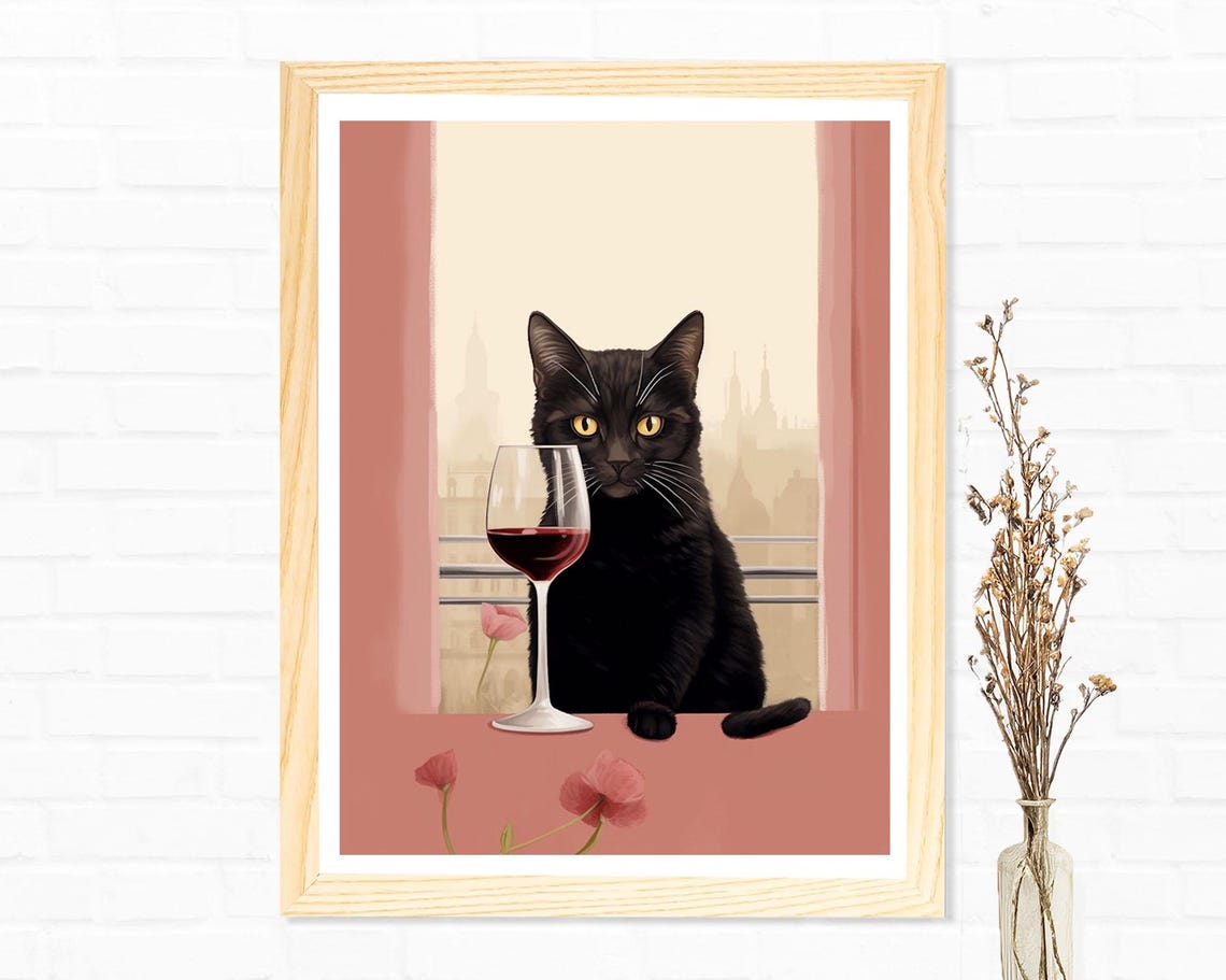 Black Cat with Red Wine Glass and Flowers Botanical Art Poster