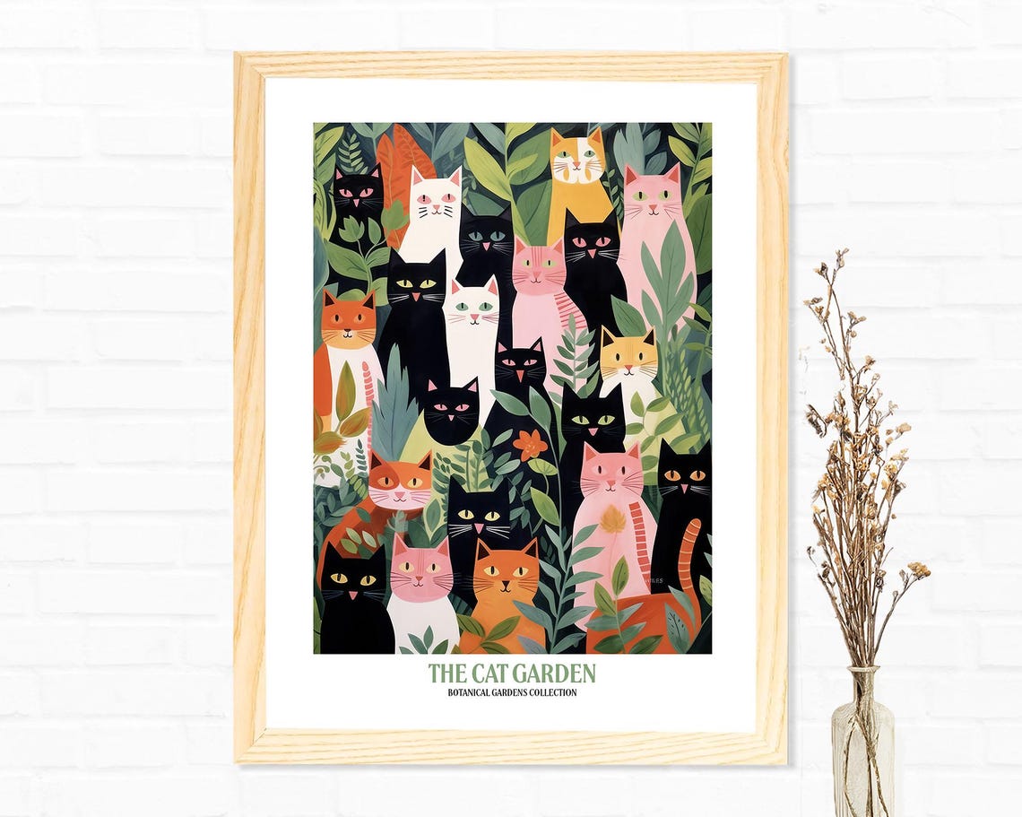 The Cat Garden Botanical Illustration with Colorful Cats Poster