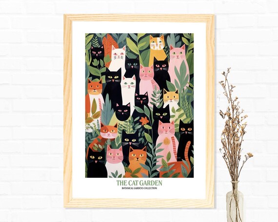 The Cat Garden Botanical Illustration with Colorful Cats Poster