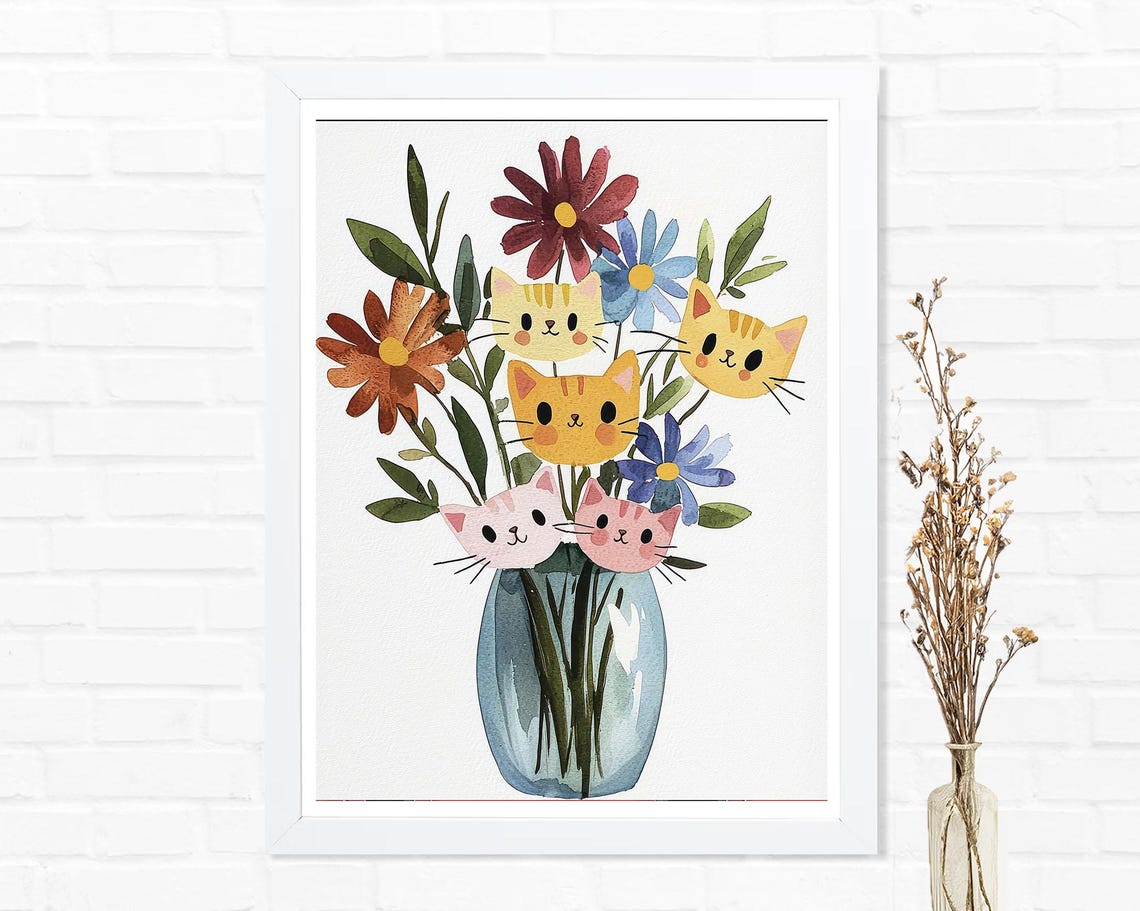 Cute Cats in Flower Bouquet Watercolor Kittens Daisy Vase Poster - Image 2
