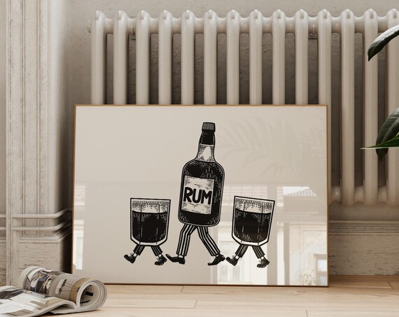 Walking Rum Bottle Vintage Funny Bar Cart Illustration Poster