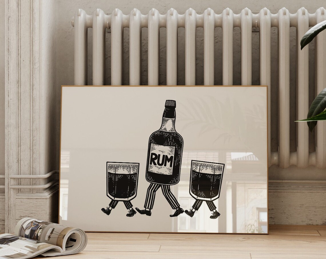 Walking Rum Bottle Vintage Funny Bar Cart Illustration Poster