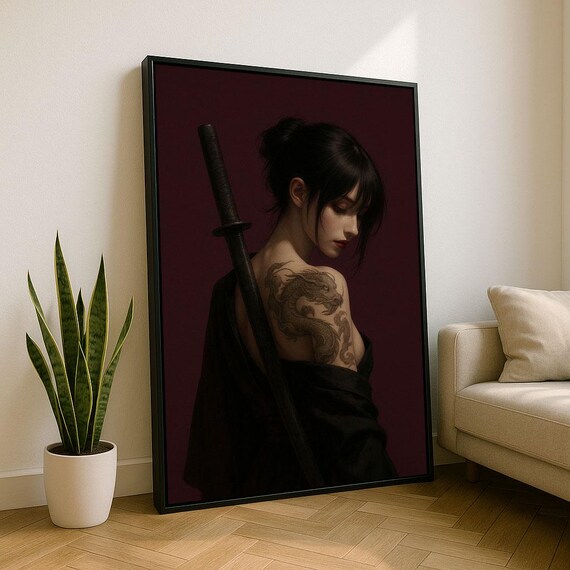 Dark Samurai Woman with Dragon Tattoo Carrying Katana Poster