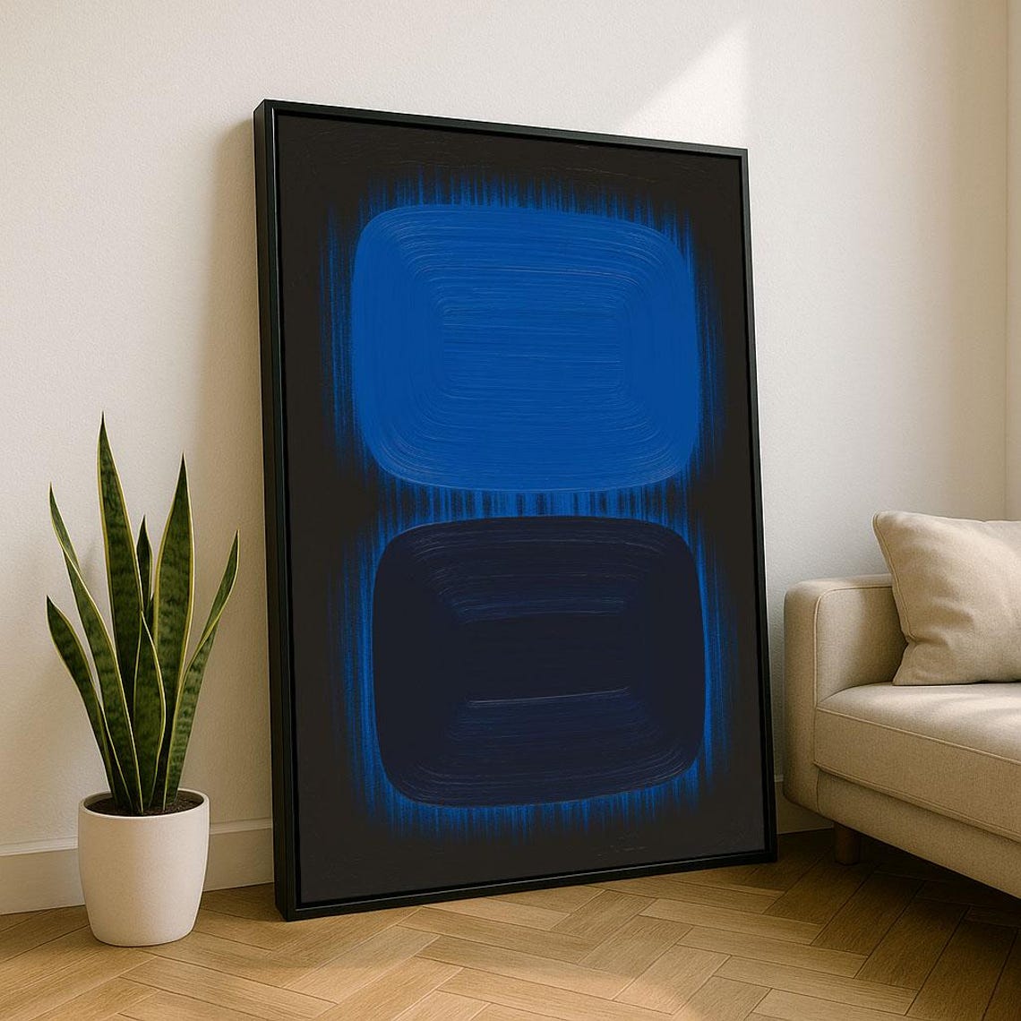 Electric Blue Rounded Squares on Black Modern Abstract Poster