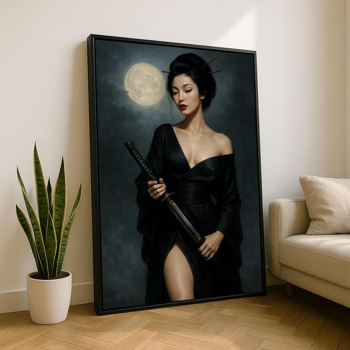 Geisha Katana Full Moon Night Black Kimono Mysterious Portrait Poster
