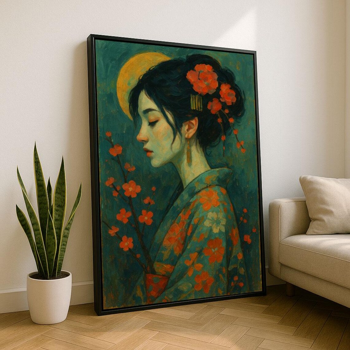 Japanese Woman Under Moon With Plum Blossoms Serene Art Poster
