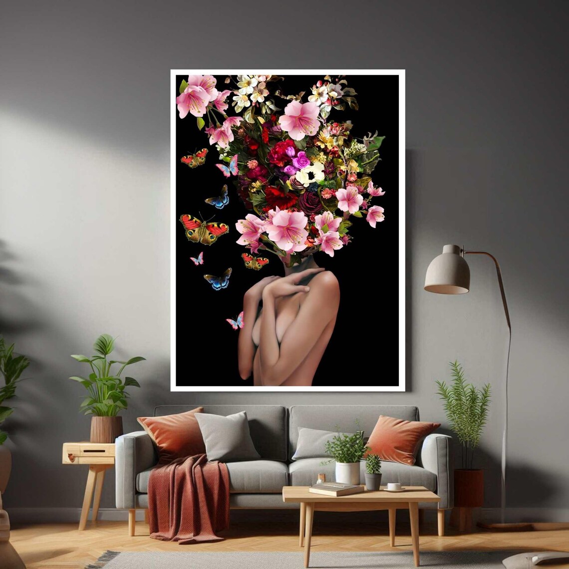Surreal Woman with Blooming Flower Head and Butterflies Poster