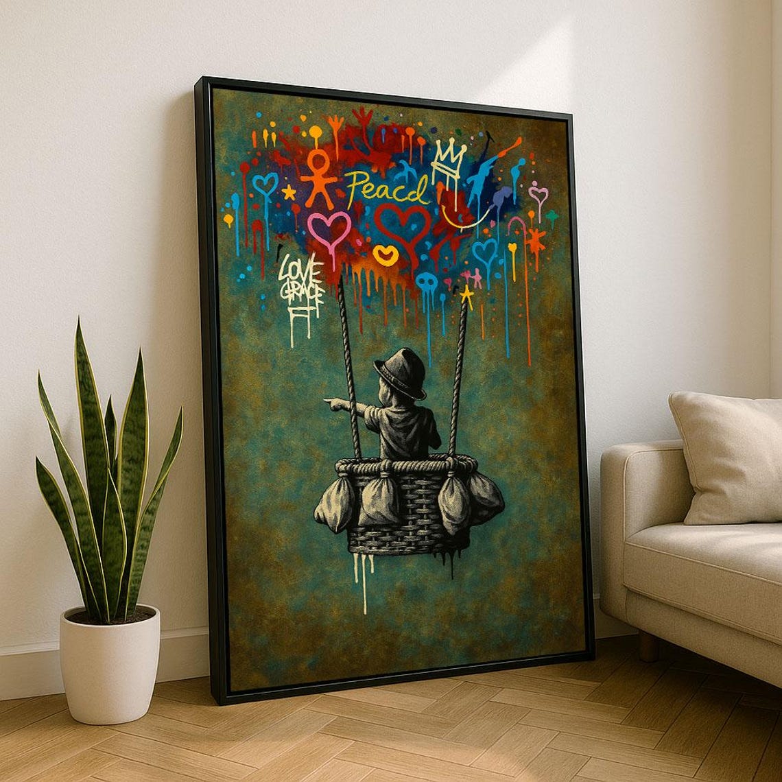 Child Hot Air Balloon With Love Grace Graffiti Teal Street Poster