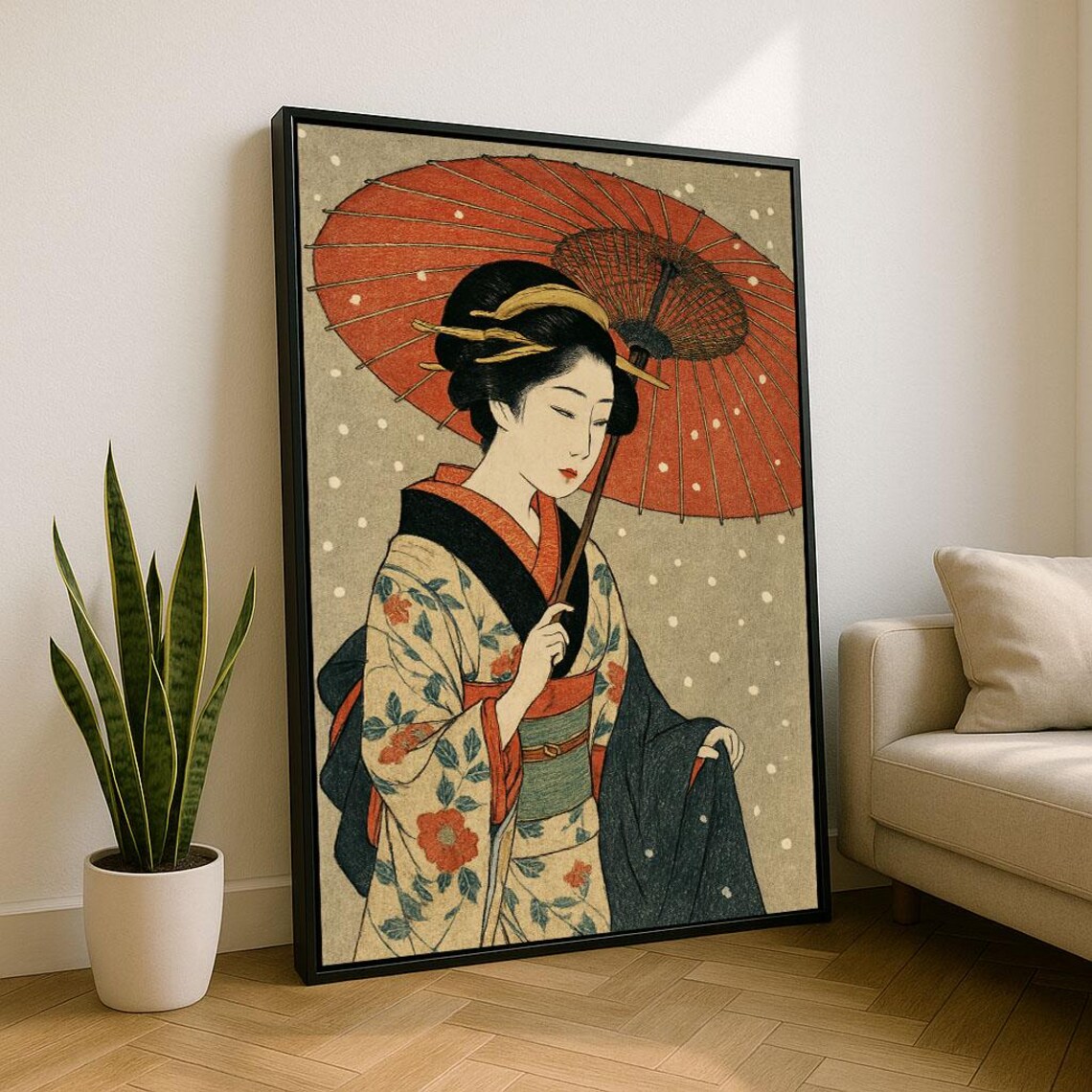 Traditional Japanese Geisha With Red Umbrella In Snow Art Poster
