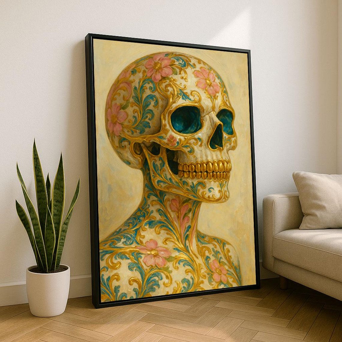Floral Skull Da De Muertos Canvas Wall Art Print Boho Living Room Decor Statement Piece