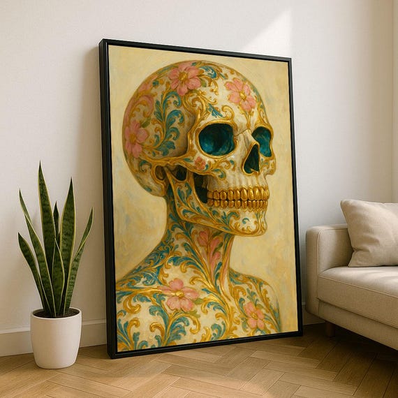Floral Skull Da De Muertos Canvas Wall Art Print Boho Living Room Decor Statement Piece