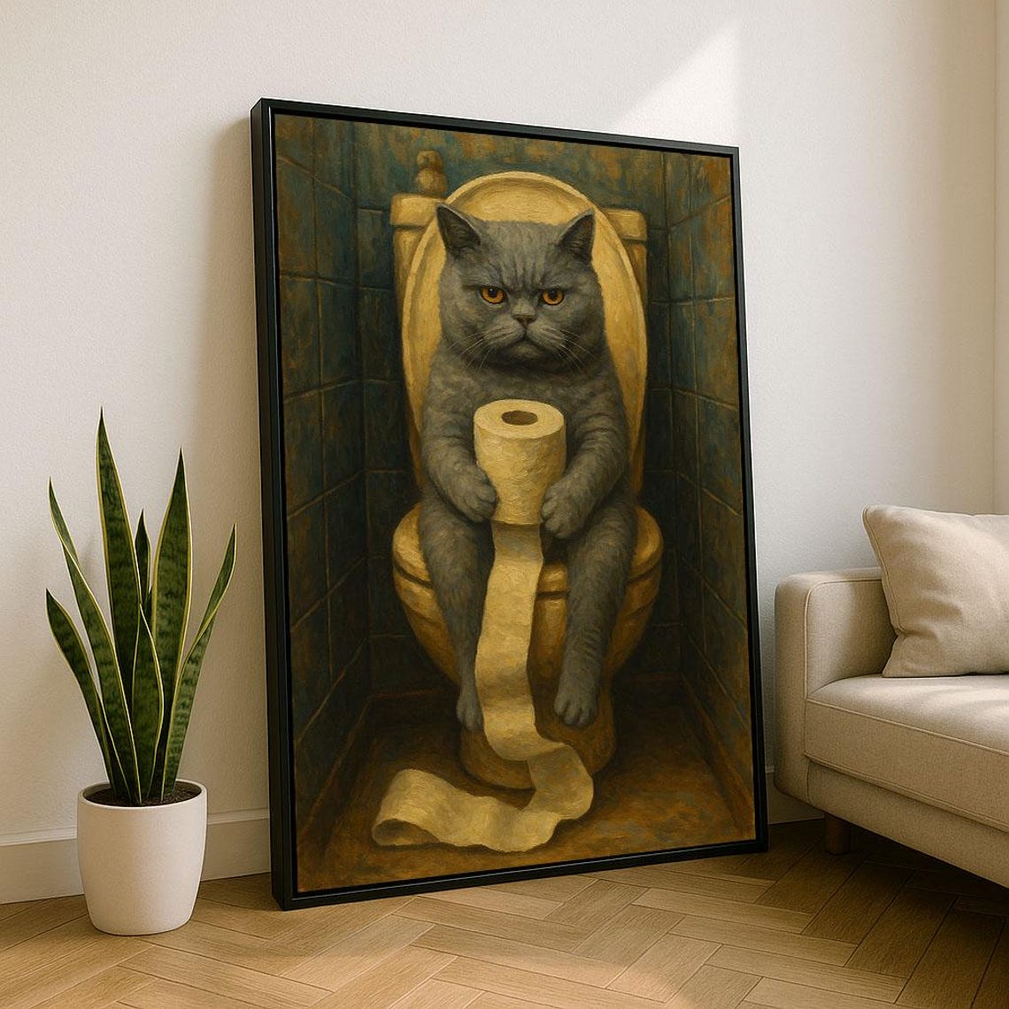 Quirky Gray Cat On Toilet Holding Toilet Paper Funny Bathroom Poster