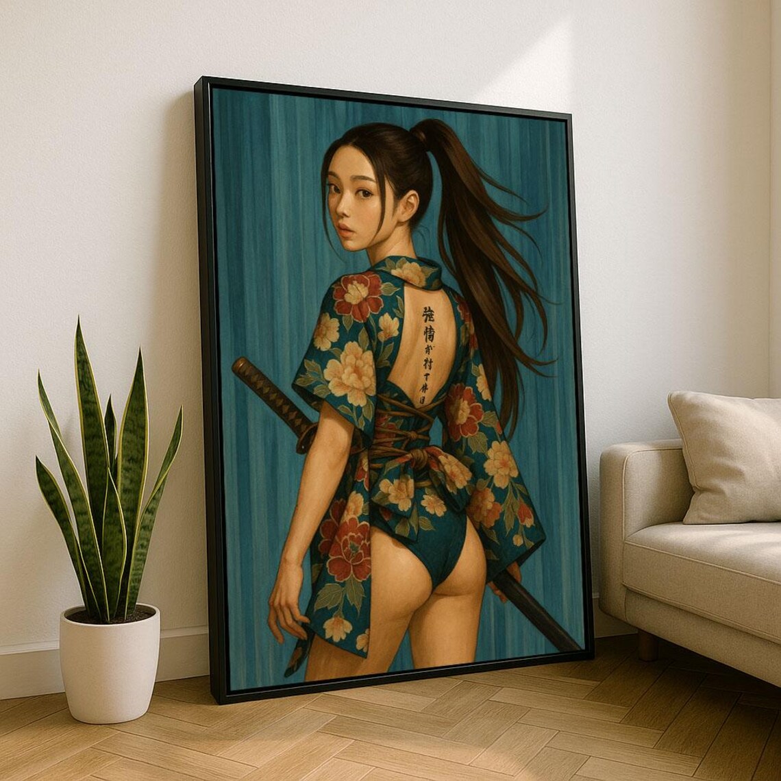 Japanese Samurai Woman in Floral Kimono Holding Katana Teal Art Poster
